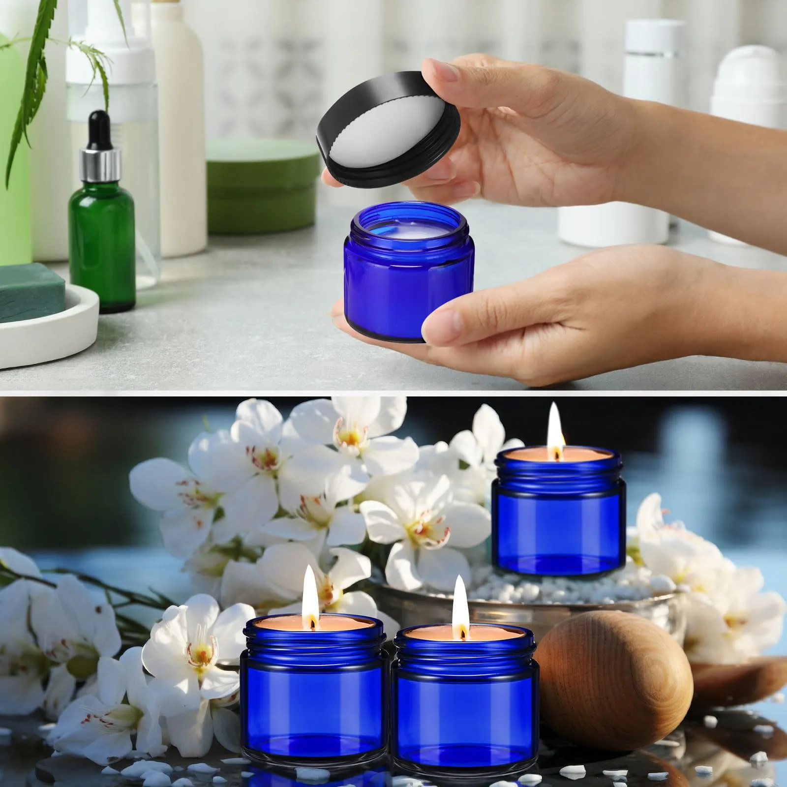 Layhit 60pcs 2 oz Glass Jars with Lids Empty Round Cosmetic Jars with Inner Liners White Labels for Storing Lotions Powders Ointments Candle Making (Black,Blue)
