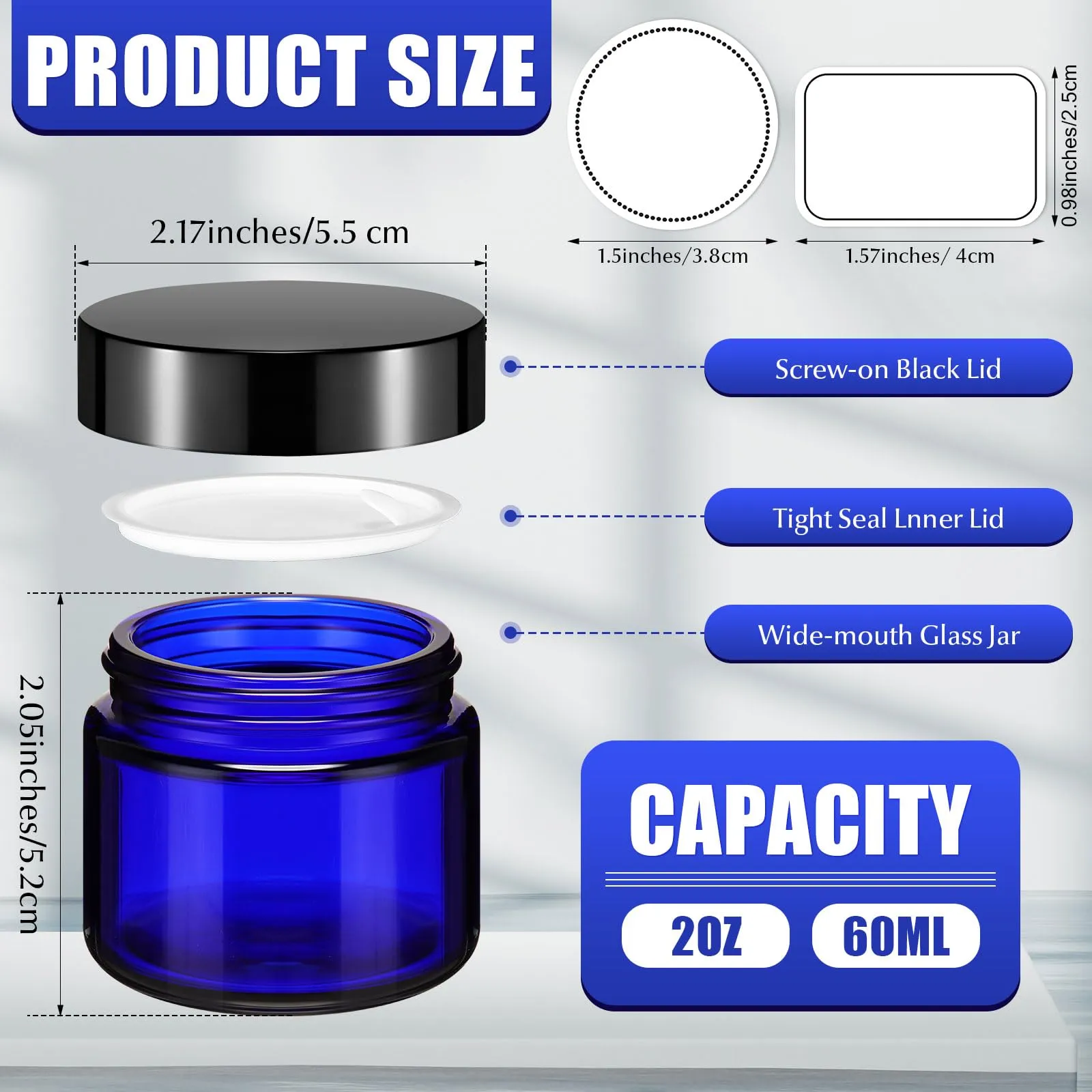 Layhit 60pcs 2 oz Glass Jars with Lids Empty Round Cosmetic Jars with Inner Liners White Labels for Storing Lotions Powders Ointments Candle Making (Black,Blue)
