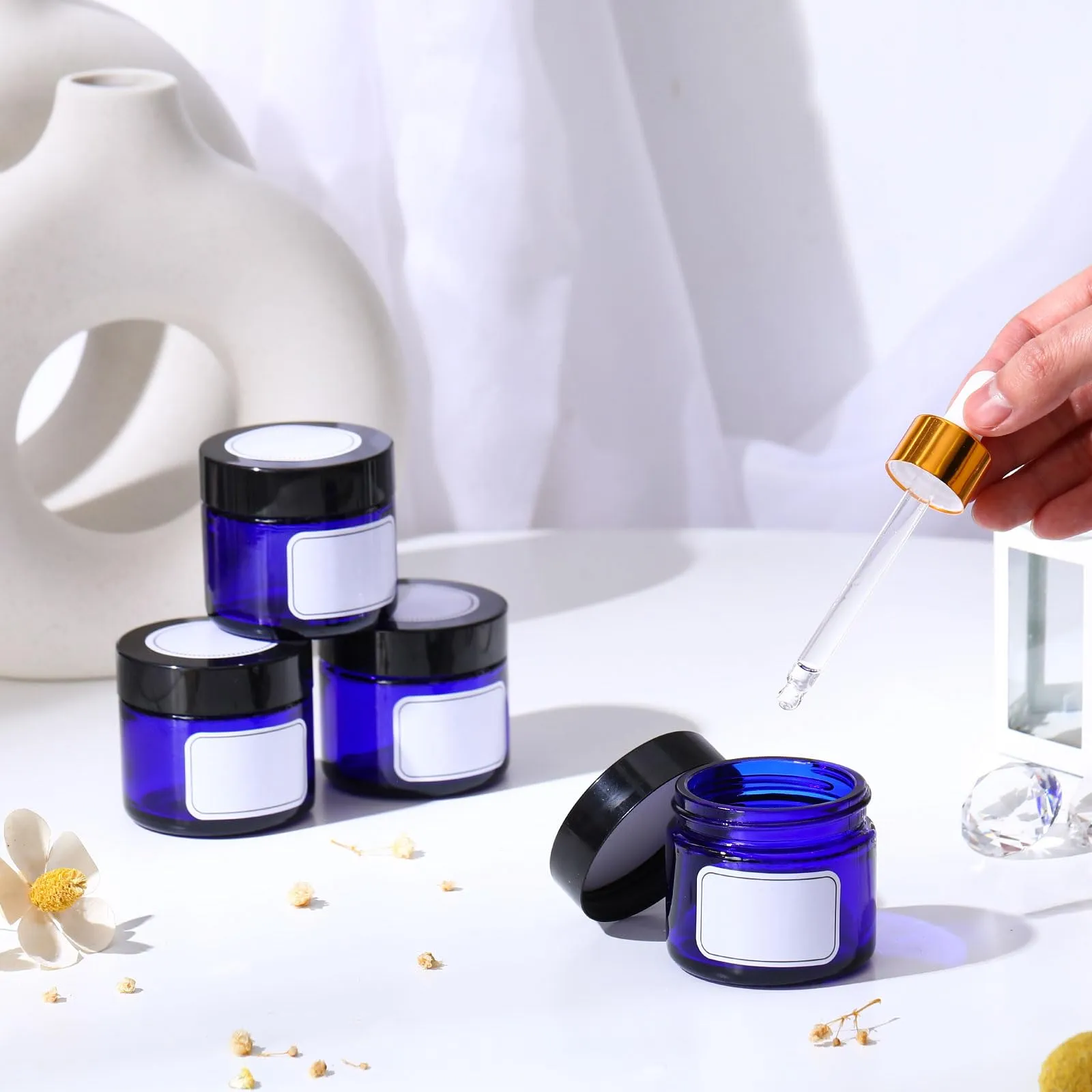 Layhit 60pcs 2 oz Glass Jars with Lids Empty Round Cosmetic Jars with Inner Liners White Labels for Storing Lotions Powders Ointments Candle Making (Black,Blue)