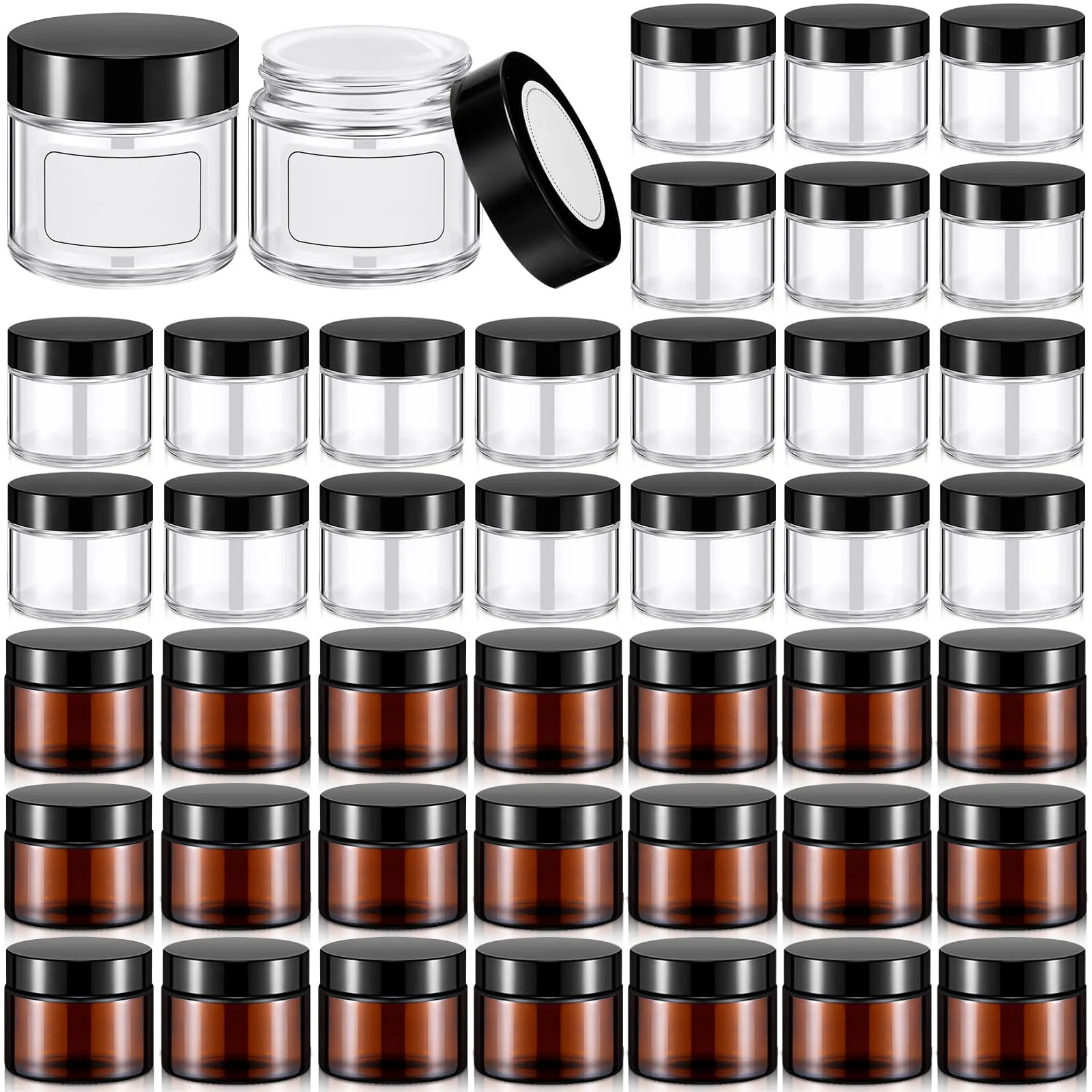 Layhit 60pcs 2 oz Glass Jars with Lids Empty Round Cosmetic Jars with Inner Liners White Labels for Storing Lotions Powders Ointments Candle Making (Clear,Amber,Black)
