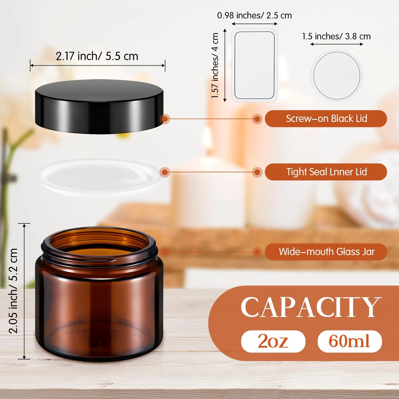 Layhit 60pcs 2 oz Glass Jars with Lids Empty Round Cosmetic Jars with Inner Liners White Labels for Storing Lotions Powders Ointments Candle Making (Clear,Amber,Black)