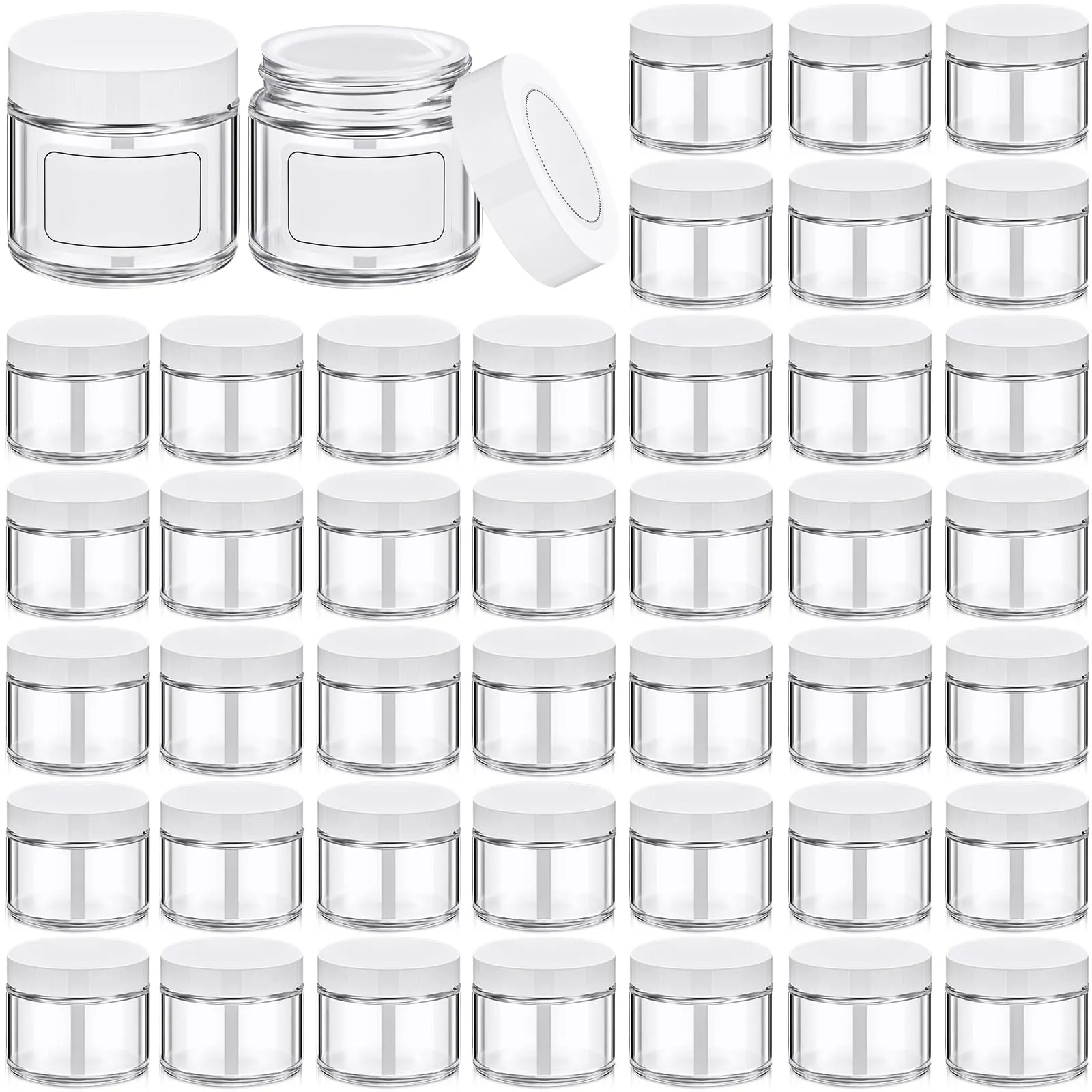 Layhit 60pcs 2 oz Glass Jars with Lids Empty Round Cosmetic Jars with Inner Liners White Labels for Storing Lotions Powders Ointments Candle Making (Clear,White)