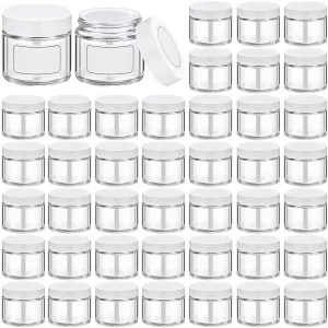 Layhit 60pcs 2 oz Glass Jars with Lids Empty Round Cosmetic Jars with Inner Liners White Labels for Storing Lotions Powders Ointments Candle Making (Clear,White)