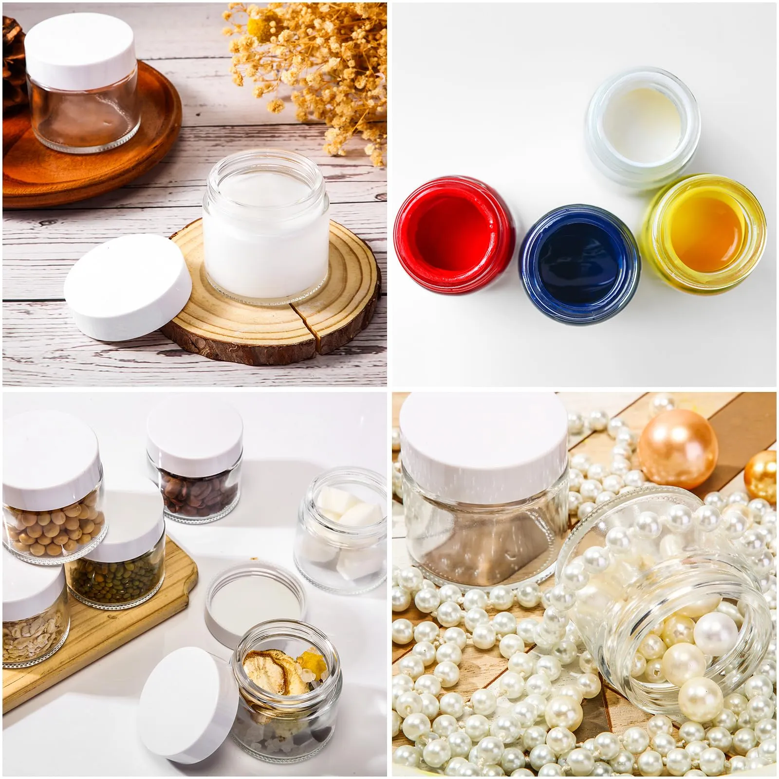 Layhit 60pcs 2 oz Glass Jars with Lids Empty Round Cosmetic Jars with Inner Liners White Labels for Storing Lotions Powders Ointments Candle Making (Clear,White)