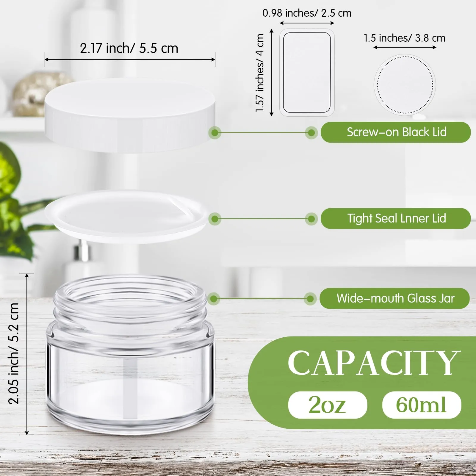Layhit 60pcs 2 oz Glass Jars with Lids Empty Round Cosmetic Jars with Inner Liners White Labels for Storing Lotions Powders Ointments Candle Making (Clear,White)