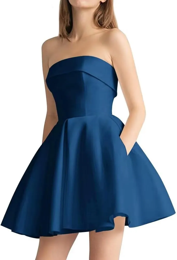 Leeskoot Satin Homecoming Dresses for Teens 2025 Strapless Short Prom Dress A Line Formal Cocktail Evening Gown with Pockets