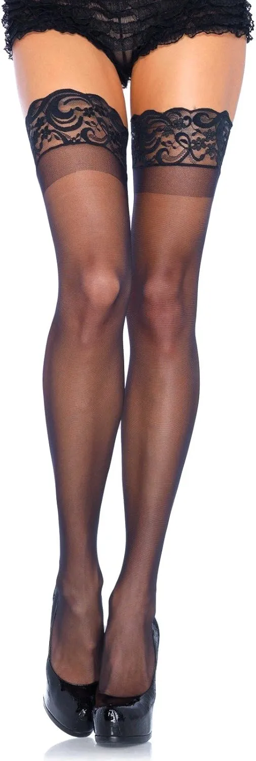 Leg Avenue Women's Sheer Spandex Thigh Highs with Stay-Up Silicone Lace Top
