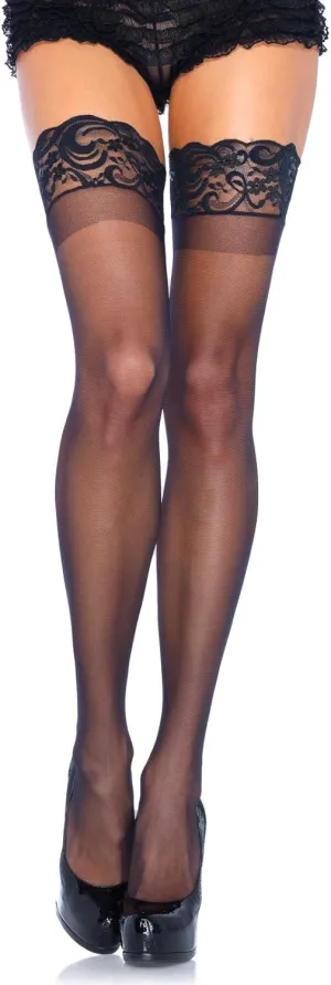 Leg Avenue Women's Sheer Spandex Thigh Highs with Stay-Up Silicone Lace Top