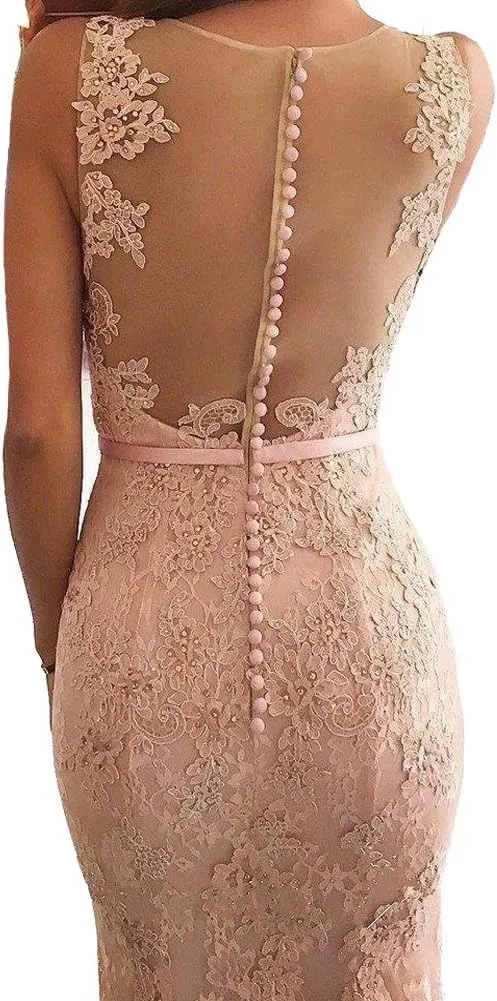 Lemai Women Beaded Lace Mermaid Long V Neck Prom Dresses Formal Evening Gown