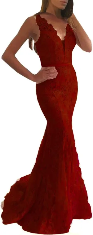 Lemai Women Beaded Lace Mermaid Long V Neck Prom Dresses Formal Evening Gown