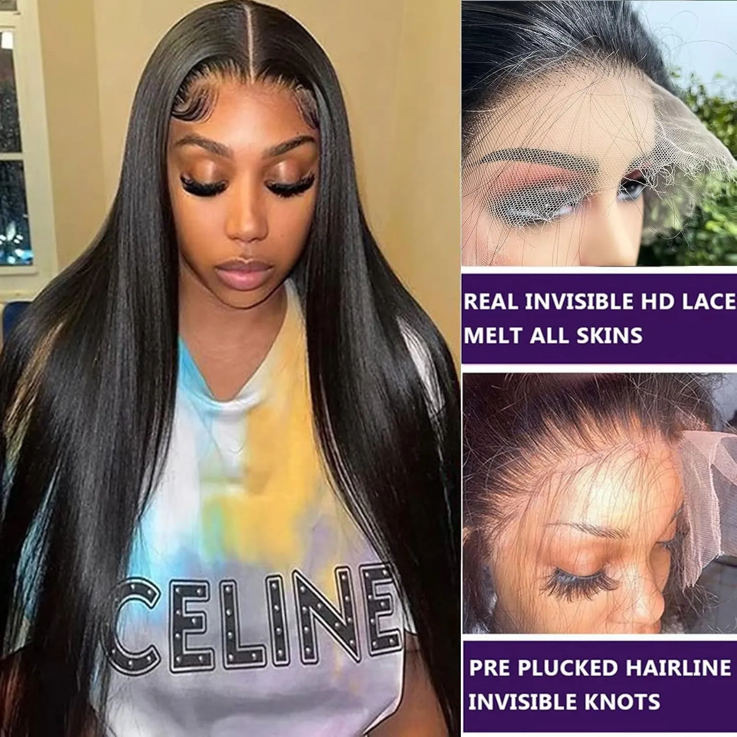 Lemoda 28Inch 13x6 SKINLIKE Real HD Lace Wigs 180% Density 12A Brazilian Straight Virgin Human Hair Lace Frontal Wigs Invisible 0.1mm Ultra-thin Frayed Ends Lace Front Wig Pre Plucked Tiny Knots