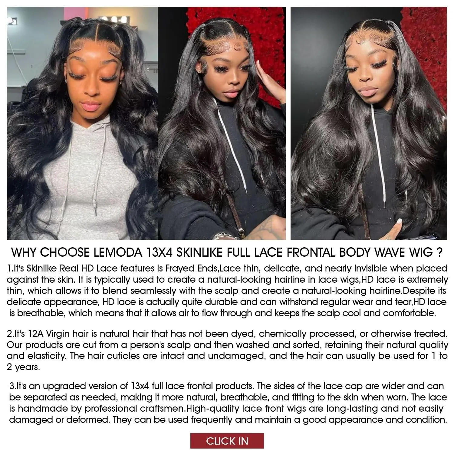 Lemoda SKINLIKE Real HD Lace Wigs Full 13x4 Lace Frontal Wigs Brazilian Body Wave Virgin Human Hair 12A Body Wave Frontal Wig Invisible 0.1mm Ultra-thin Frayed Ends Tiny Knots 24Inch