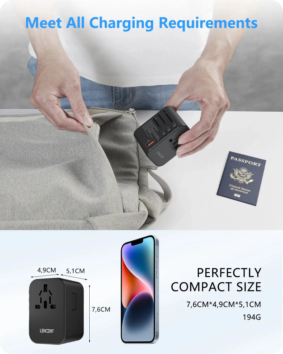 LENCENT 65W/100W GaN Universal Travel Adapter – Fast Charging USB & Type-C Plug for EU/US/UK/AU