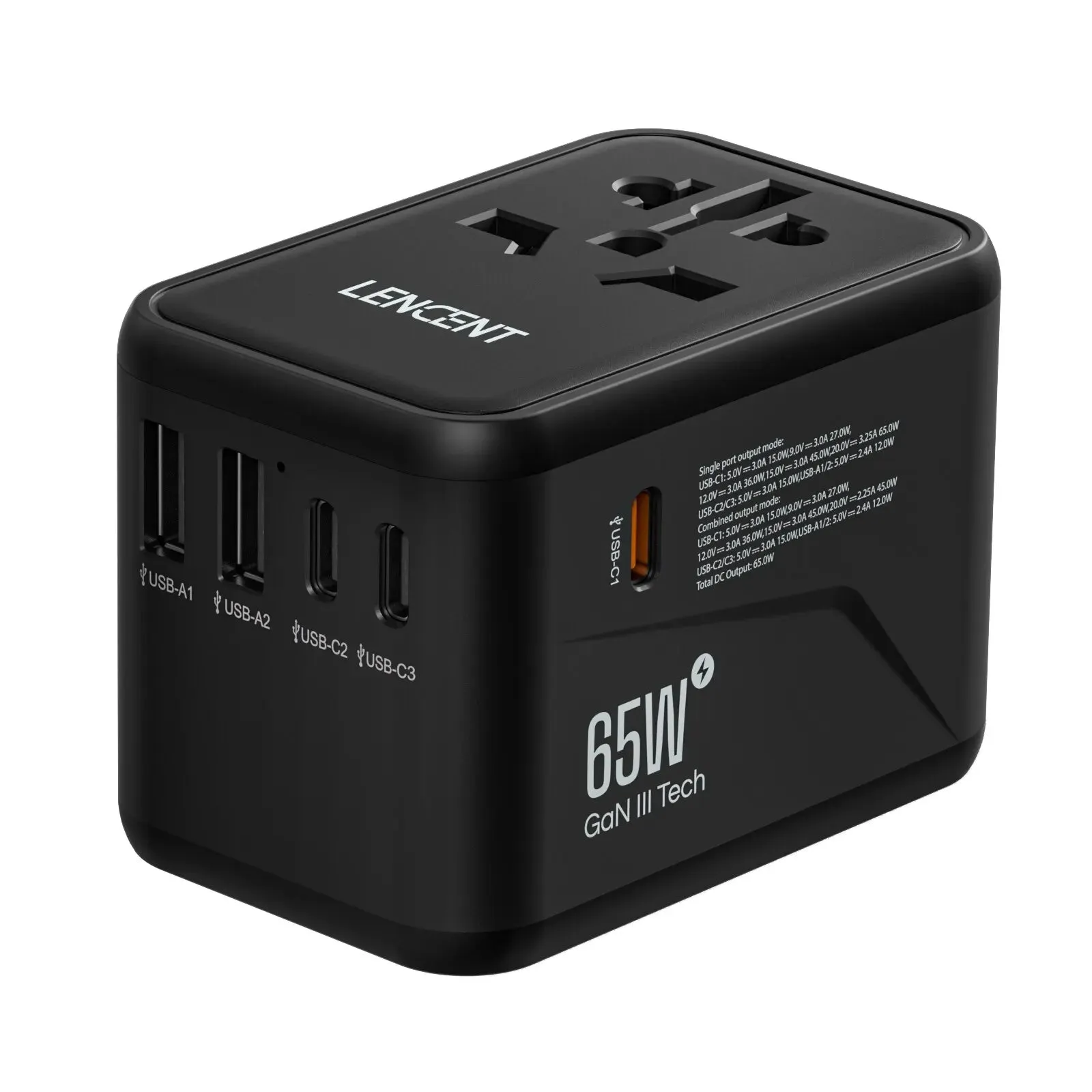 LENCENT 65W/100W GaN Universal Travel Adapter – Fast Charging USB & Type-C Plug for EU/US/UK/AU