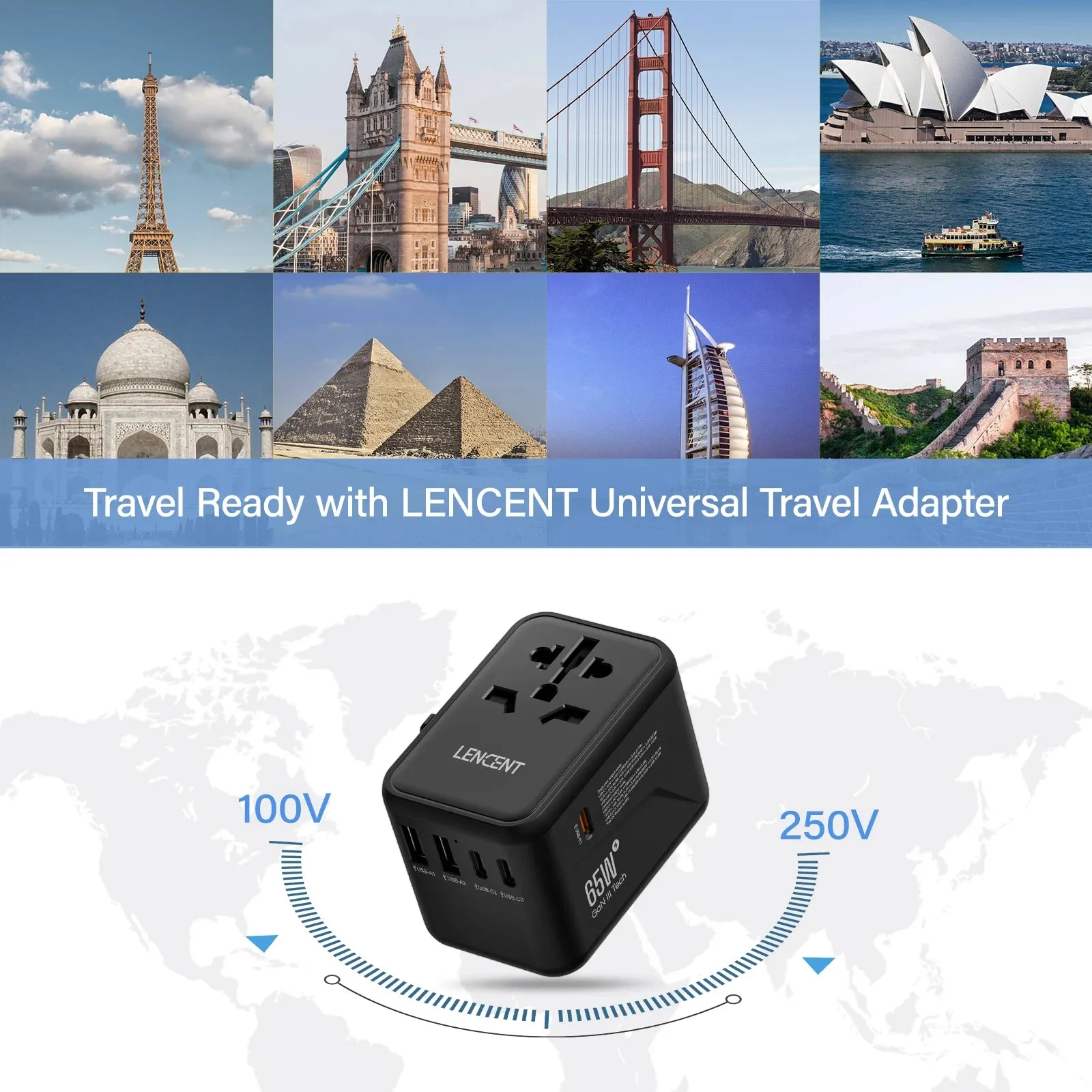 LENCENT 65W/100W GaN Universal Travel Adapter – Fast Charging USB & Type-C Plug for EU/US/UK/AU