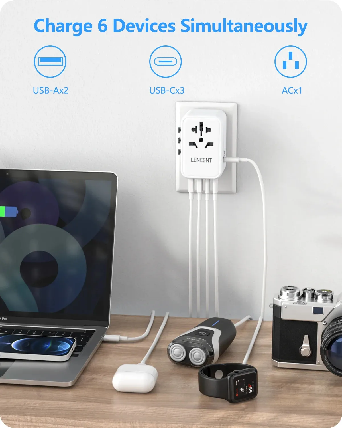 LENCENT 65W/100W GaN Universal Travel Adapter – Fast Charging USB & Type-C Plug for EU/US/UK/AU