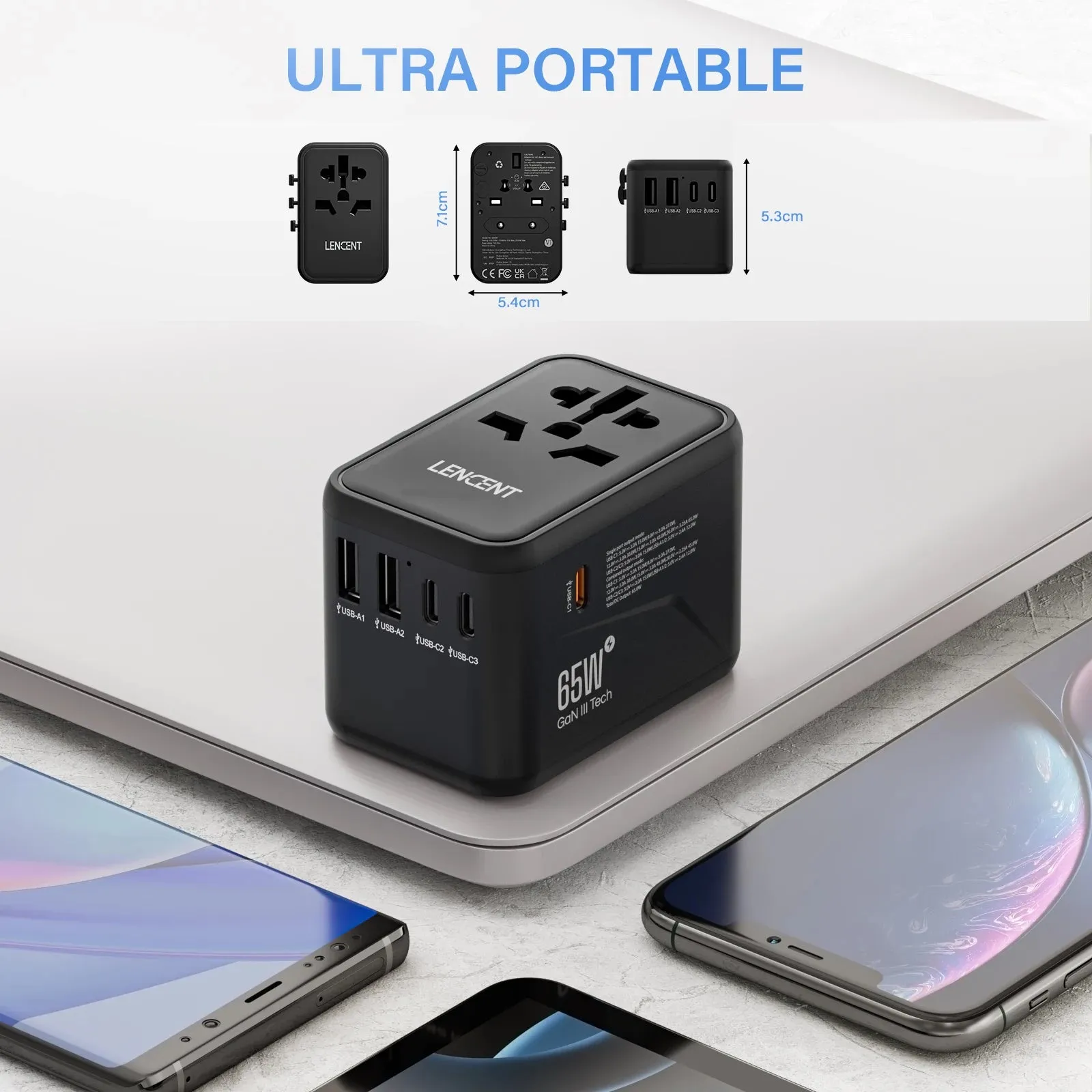 LENCENT 65W/100W GaN Universal Travel Adapter – Fast Charging USB & Type-C Plug for EU/US/UK/AU