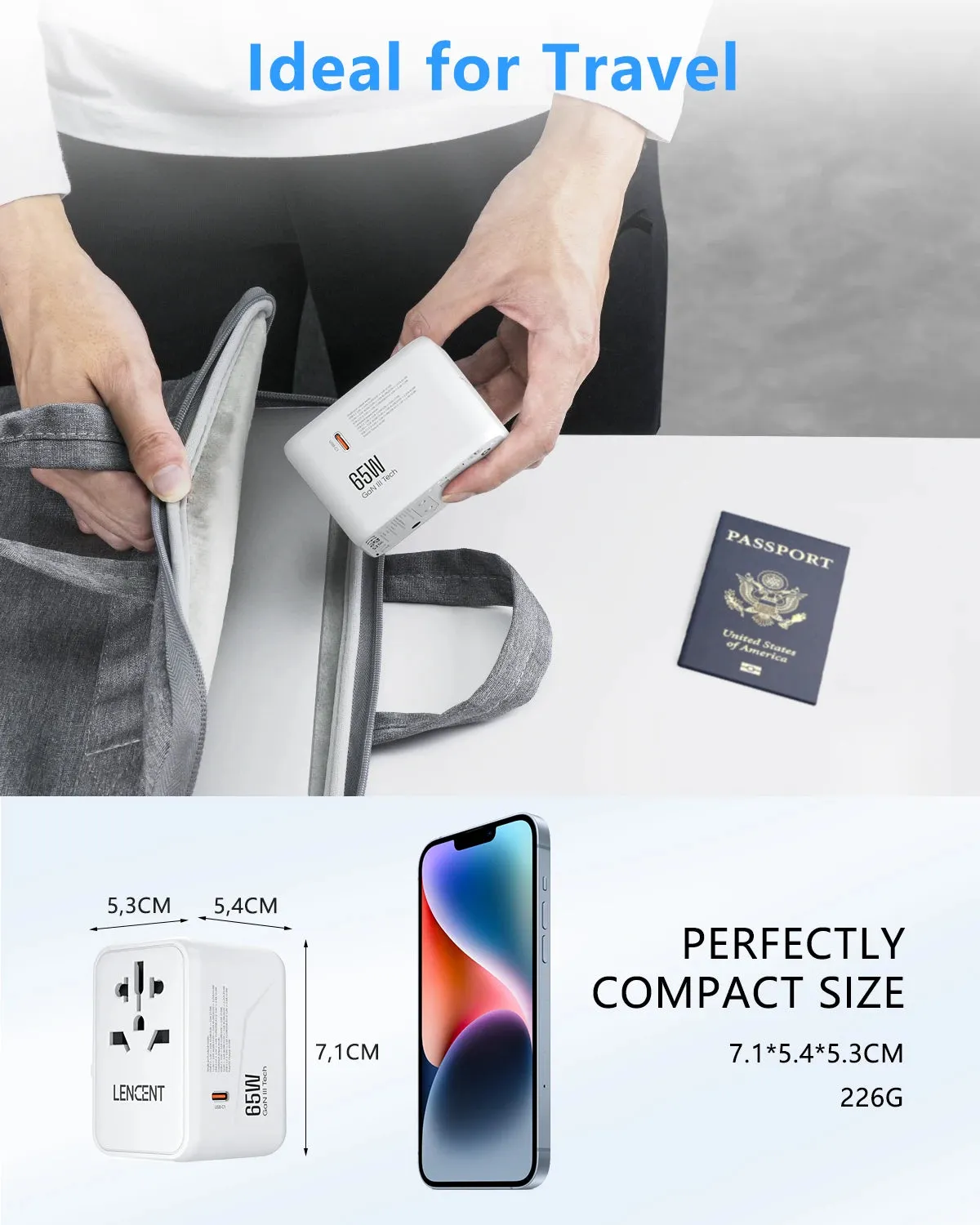 LENCENT 65W/100W GaN Universal Travel Adapter – Fast Charging USB & Type-C Plug for EU/US/UK/AU
