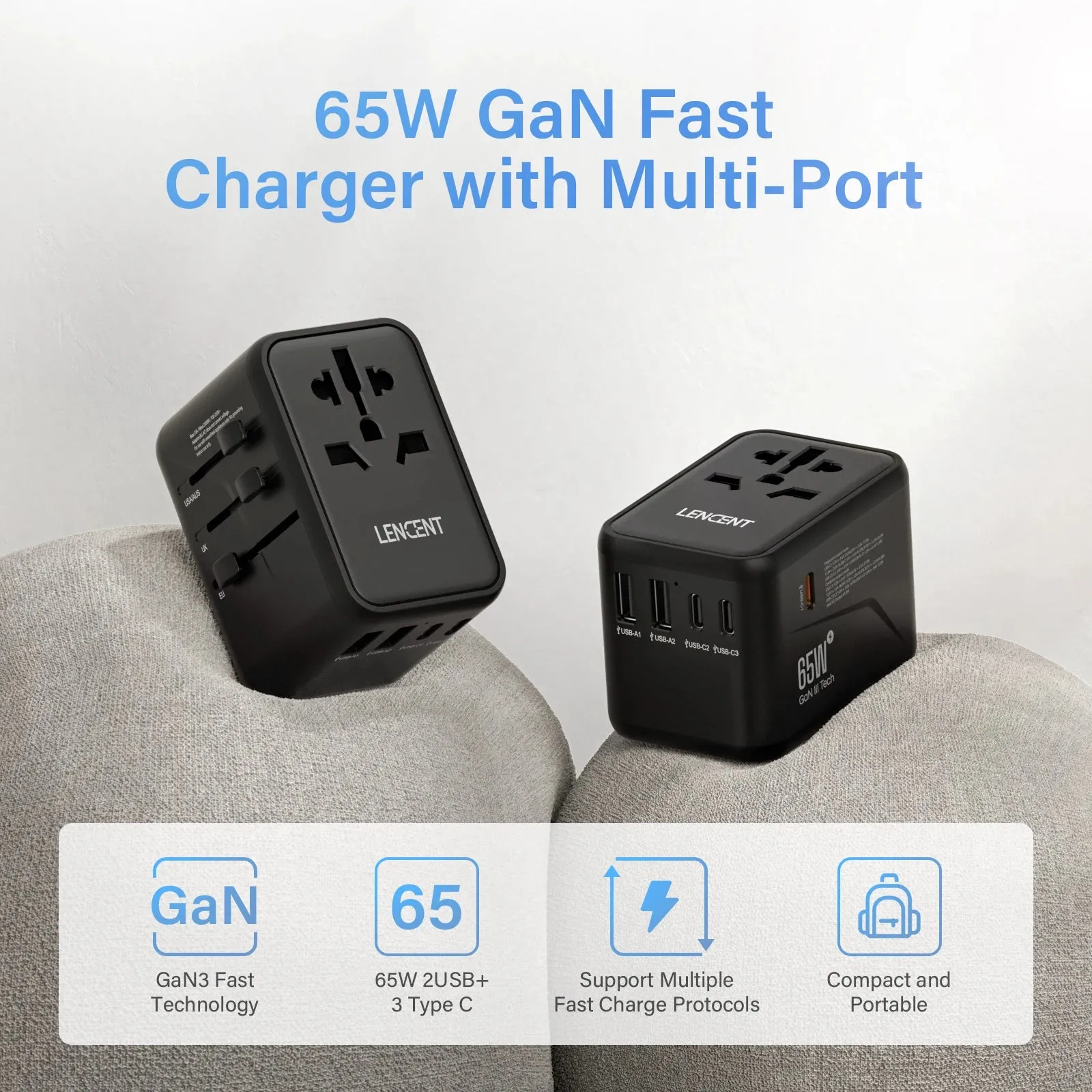 LENCENT 65W/100W GaN Universal Travel Adapter – Fast Charging USB & Type-C Plug for EU/US/UK/AU