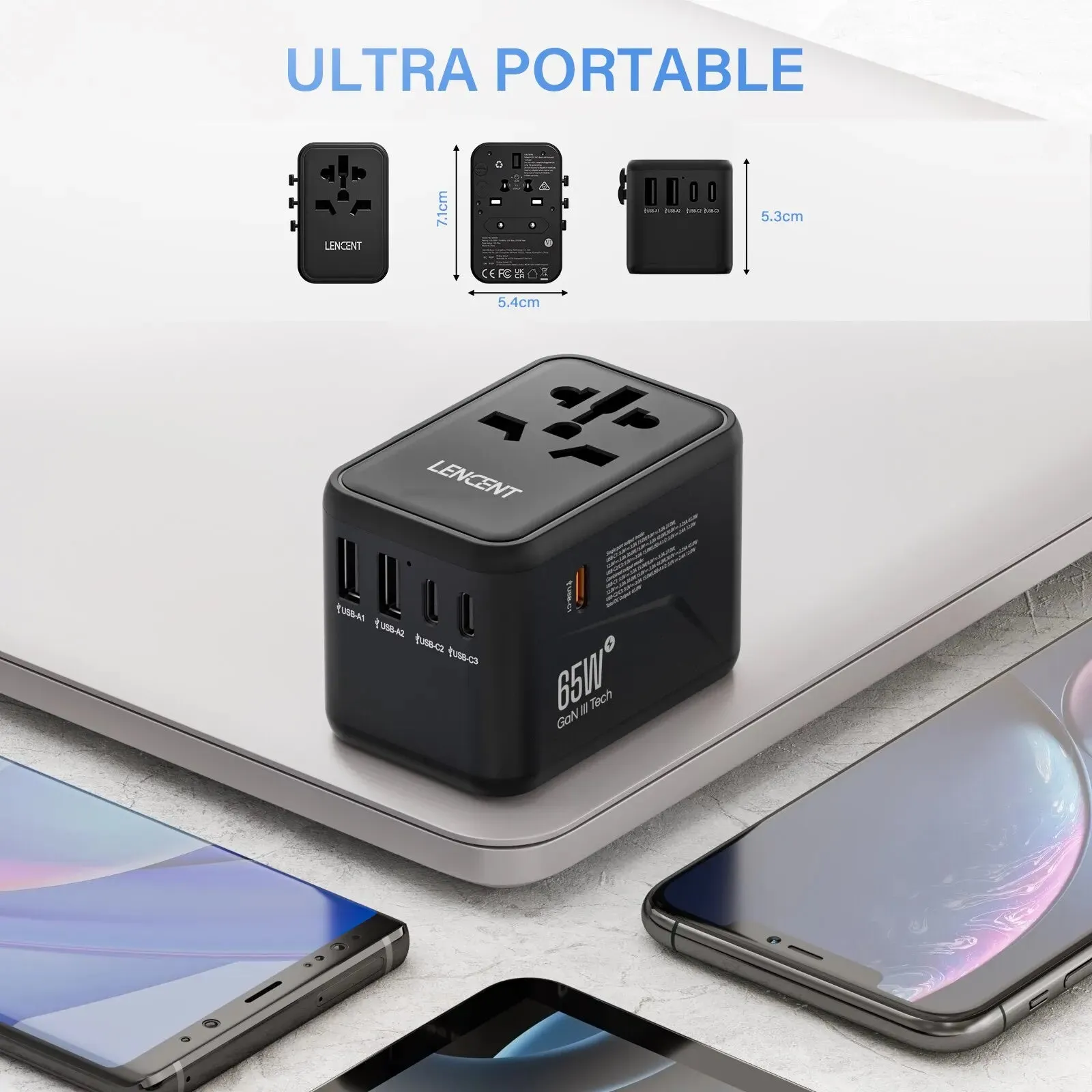 LENCENT 65W/100W GaN Universal Travel Adapter – Fast Charging USB & Type-C Plug for EU/US/UK/AU