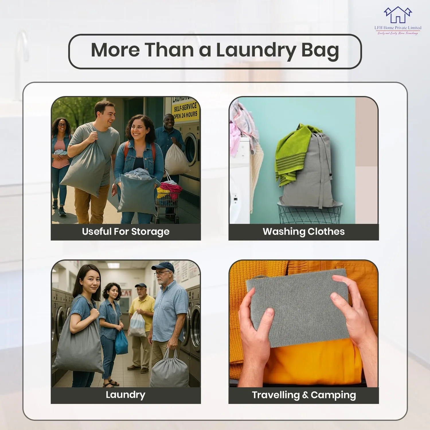 LFH Home Cotton Canvas Extra Large Laundry Bag with Handle, Heavy Duty Drawstring Closure Washable Laundry Bags, School Travel, Home, Hotel, College Dorm, Organizer Sack, Toys Clothes 24x36-Grey