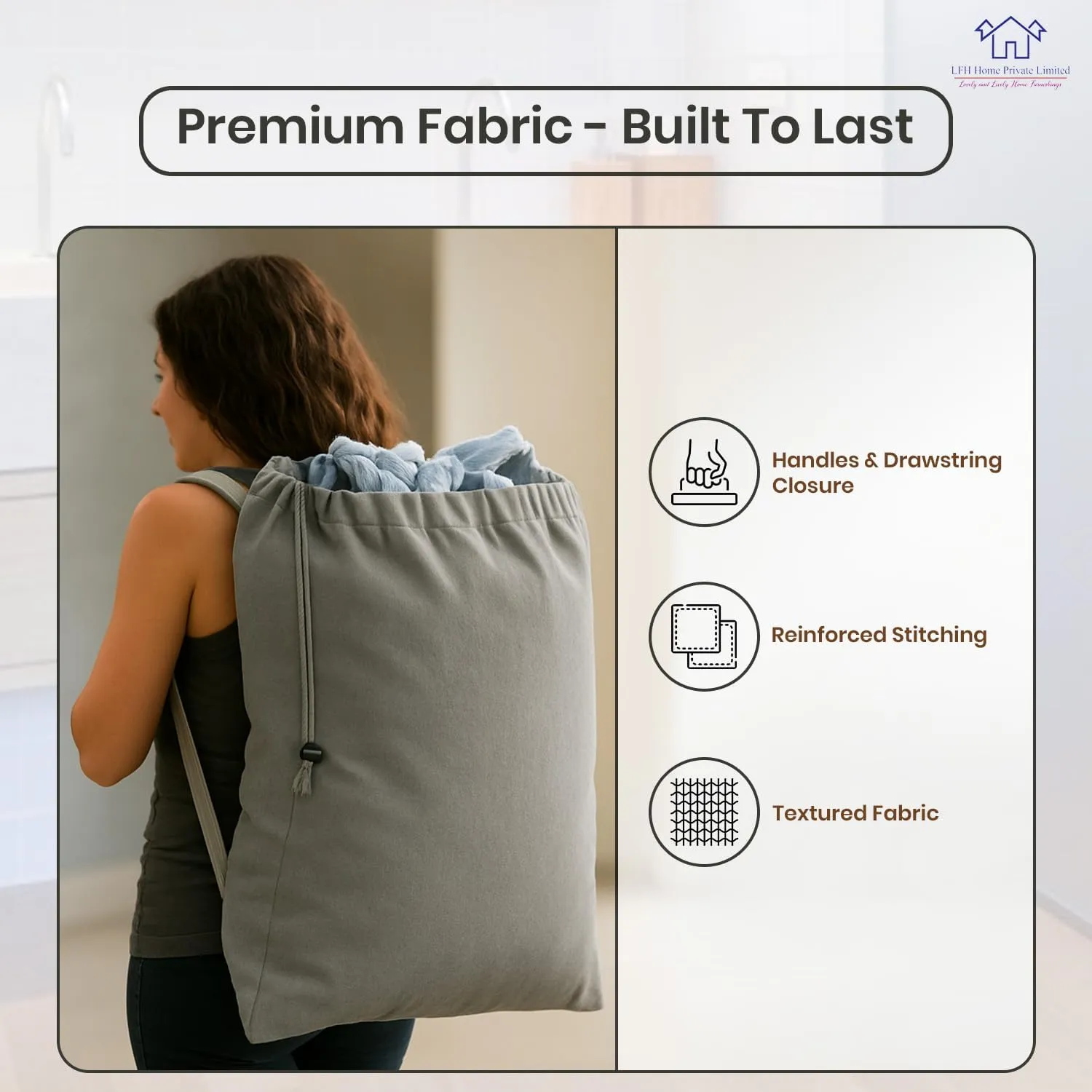 LFH Home Cotton Canvas Extra Large Laundry Bag with Handle, Heavy Duty Drawstring Closure Washable Laundry Bags, School Travel, Home, Hotel, College Dorm, Organizer Sack, Toys Clothes 24x36-Grey