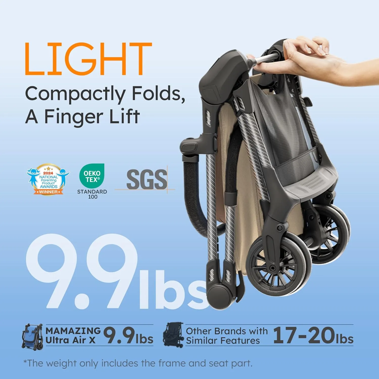 Lightweight Baby Strollers for Airplane, Ultra-Compact Travel Stroller, Light & Strong Portable Toddler Stroller with Carbon Fiber Frame and UPF 50  Waterproof Fabric, Only 9.9 lbs, Brown
