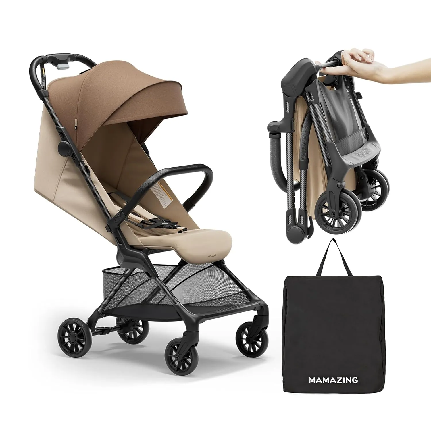 Lightweight Baby Strollers for Airplane, Ultra-Compact Travel Stroller, Light & Strong Portable Toddler Stroller with Carbon Fiber Frame and UPF 50  Waterproof Fabric, Only 9.9 lbs, Brown