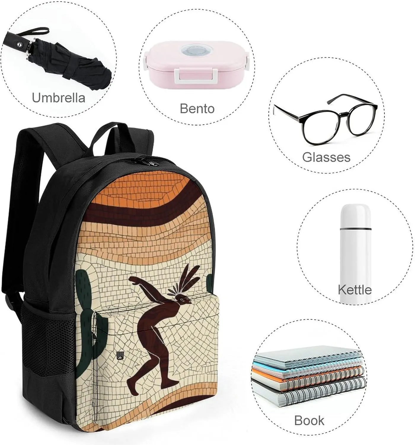 Lightweight Daypack Bookbag for Trekking Business Walking Cycling - Big Capacity Anti-Theft Multipurpose Carry On Bag, Kokopelli Southwest Desert Art Business Computer Bag