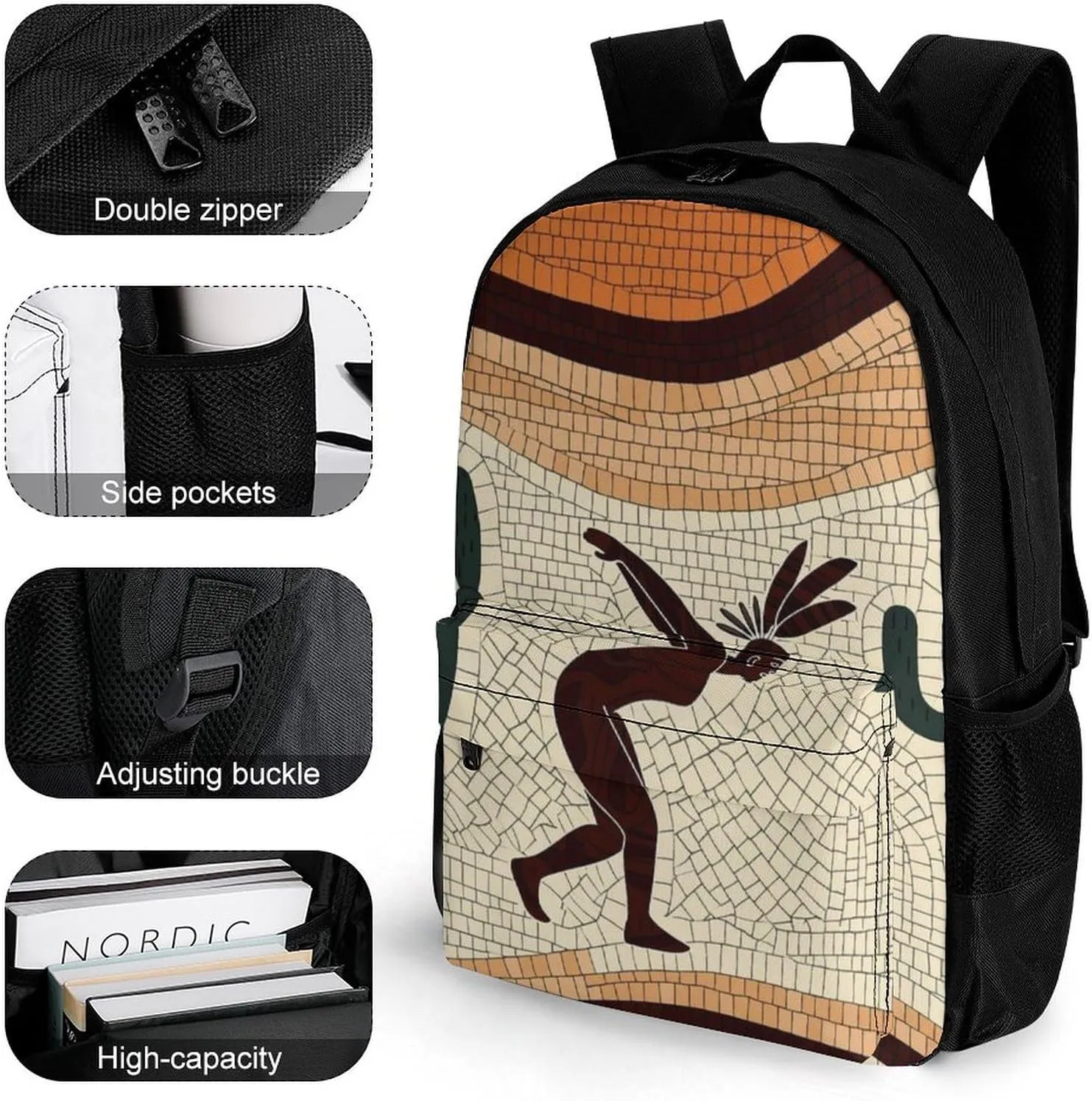 Lightweight Daypack Bookbag for Trekking Business Walking Cycling - Big Capacity Anti-Theft Multipurpose Carry On Bag, Kokopelli Southwest Desert Art Business Computer Bag