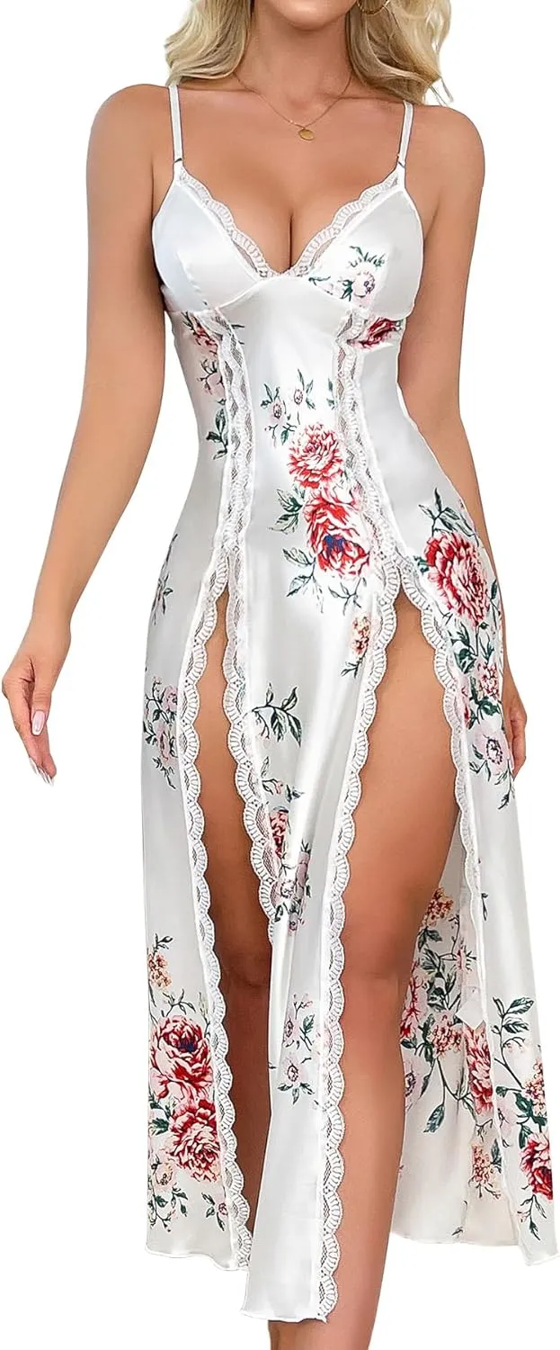 Lingerie Dress for Women V Neck Long Sexy Nightgowns for Women Side Split Sexy Night Gowns S-XXL