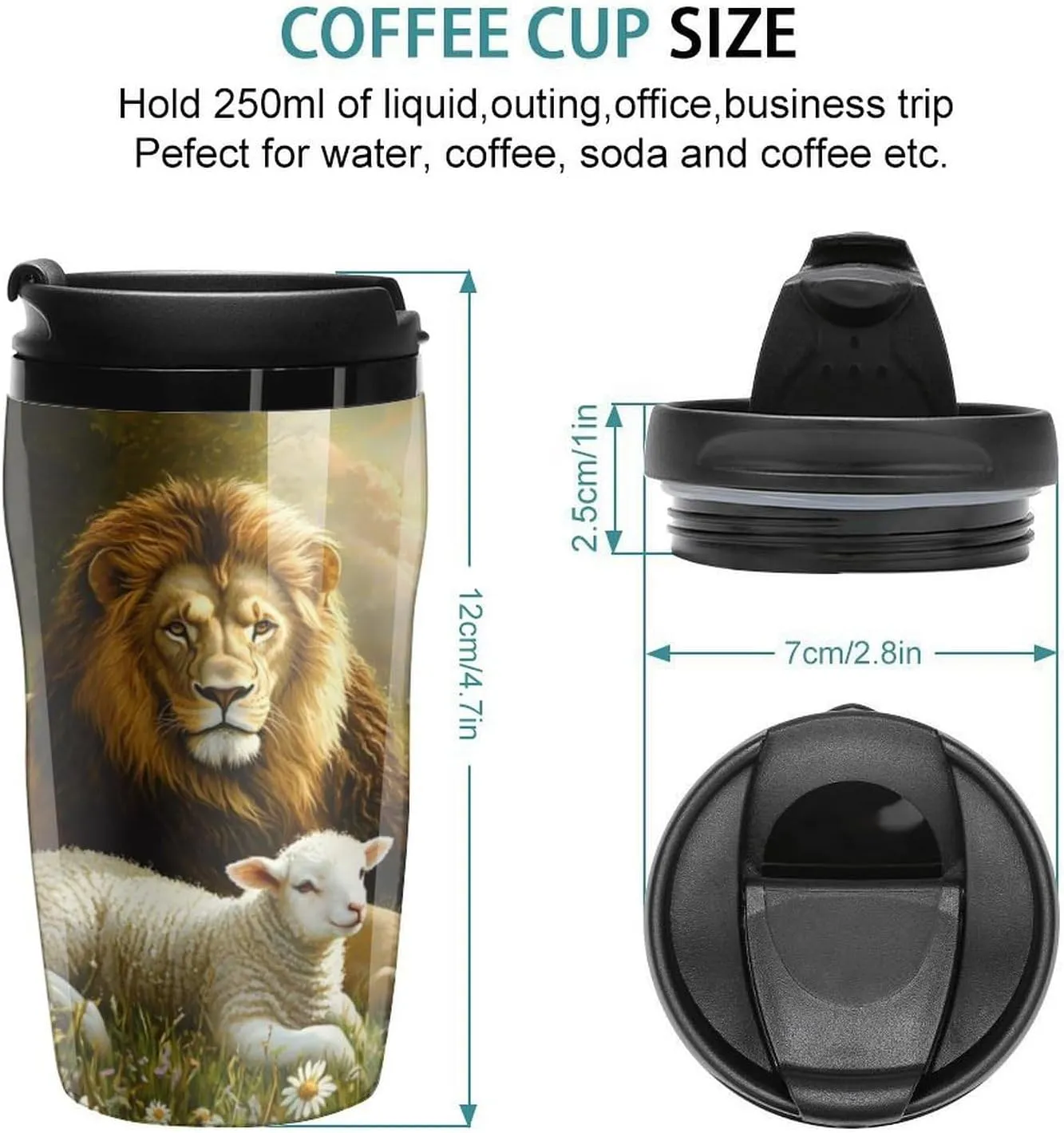 Liones And Sheep Coffee Mug with Lid Portable Tumbler Water Bottle for Travel Business 250ml
