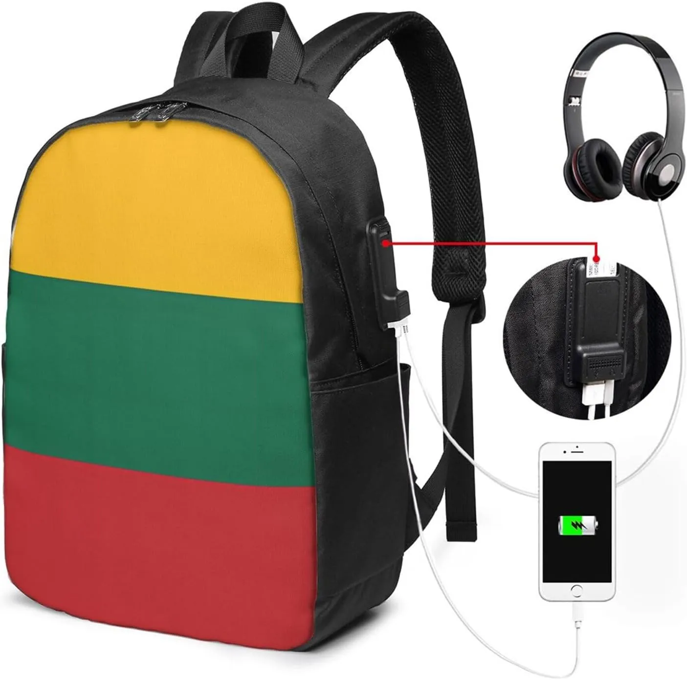 Lithuania Flag Travel Backpack 17-Inch Laptop Backpacks Business Rucksack Casual Sport Daypack with USB Charging Port Carry-on Bag for Camping Biking