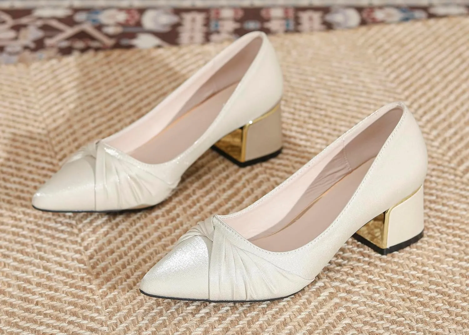 LizFoYa Women Closed Pointed Toe Wedding Pumps Pleated Bridal Dress Shoes Satin Comfort Block Heels