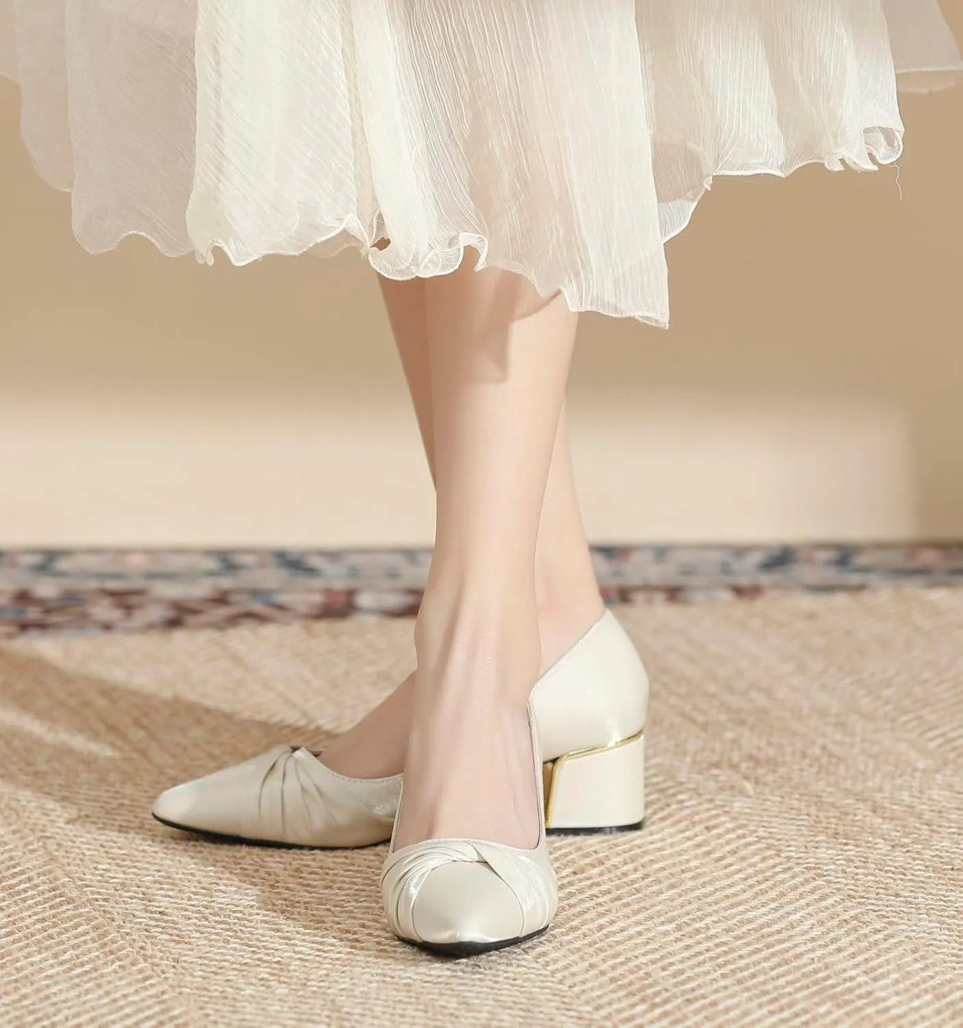 LizFoYa Women Closed Pointed Toe Wedding Pumps Pleated Bridal Dress Shoes Satin Comfort Block Heels
