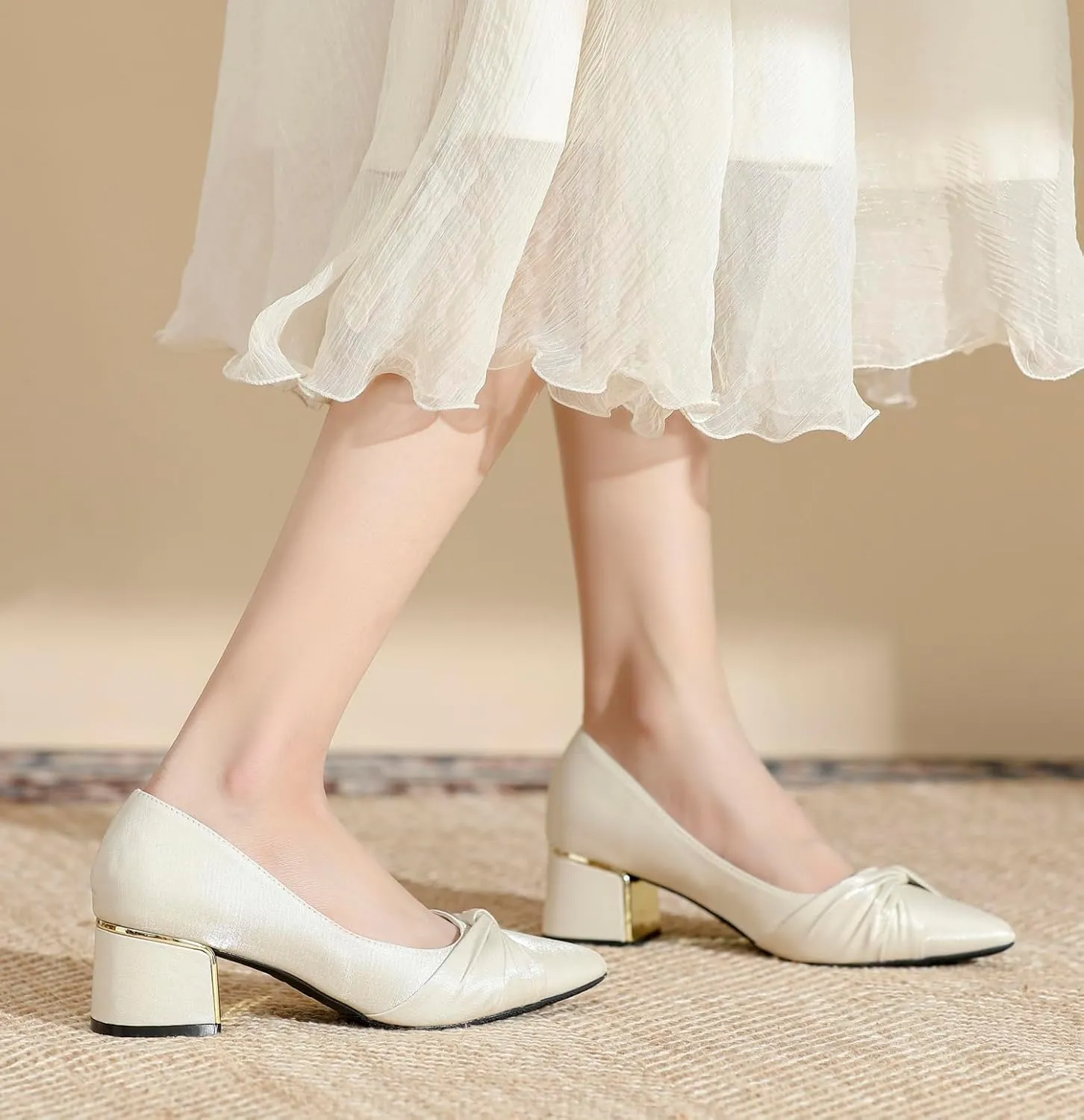 LizFoYa Women Closed Pointed Toe Wedding Pumps Pleated Bridal Dress Shoes Satin Comfort Block Heels