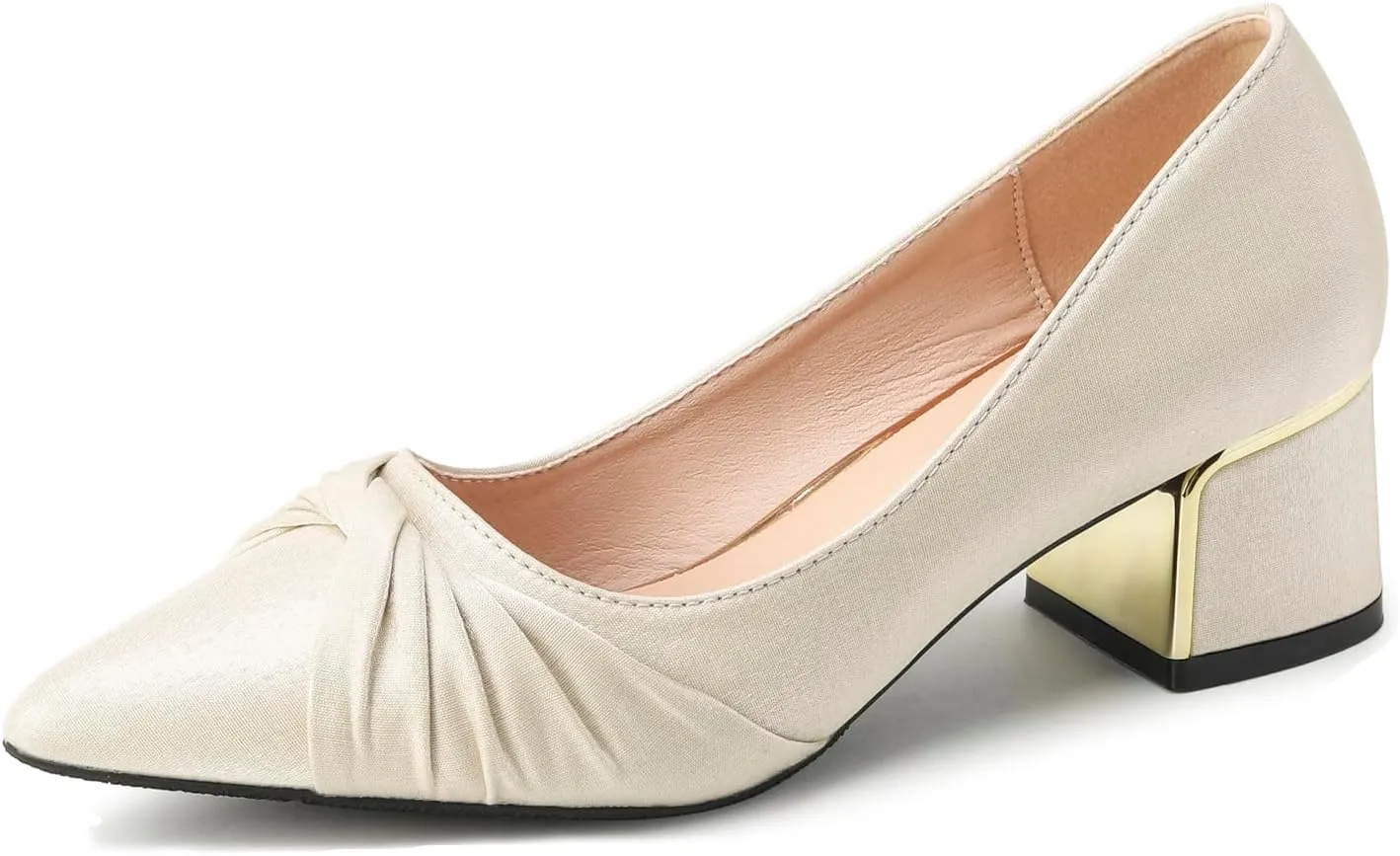 LizFoYa Women Closed Pointed Toe Wedding Pumps Pleated Bridal Dress Shoes Satin Comfort Block Heels