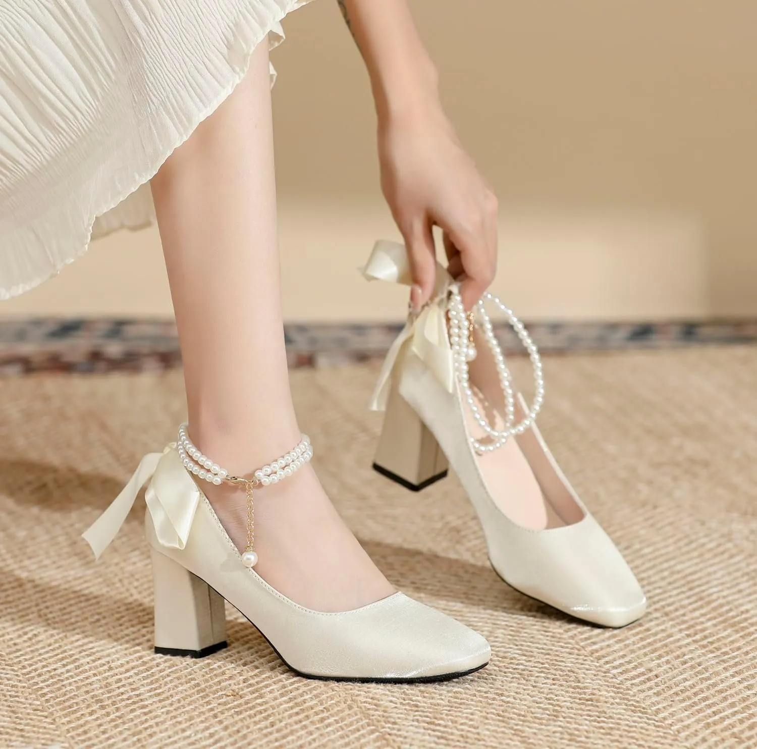 LizFoYa Women Satin Wedding Pumps Pearl Straps Formal Dress Shoes Evening Bridal Block Heels Ribbons
