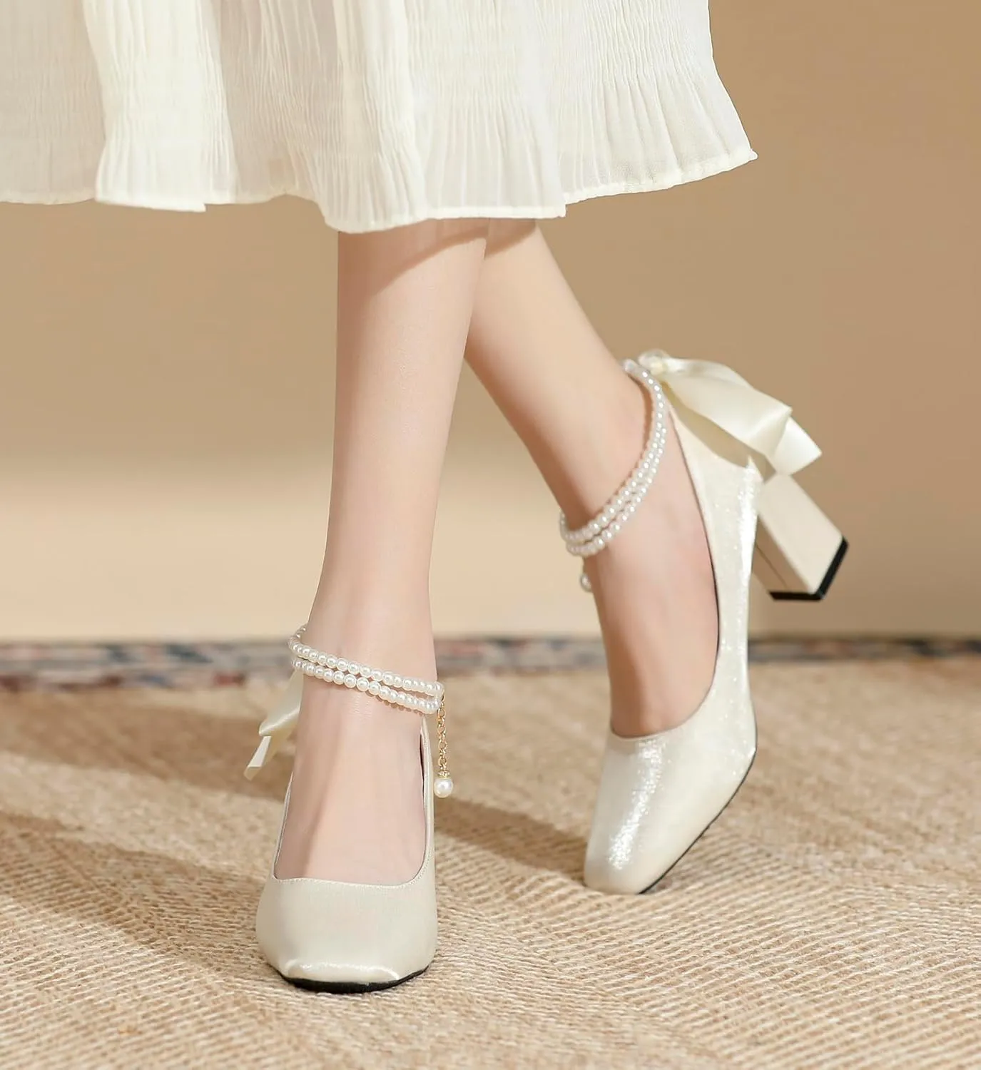 LizFoYa Women Satin Wedding Pumps Pearl Straps Formal Dress Shoes Evening Bridal Block Heels Ribbons