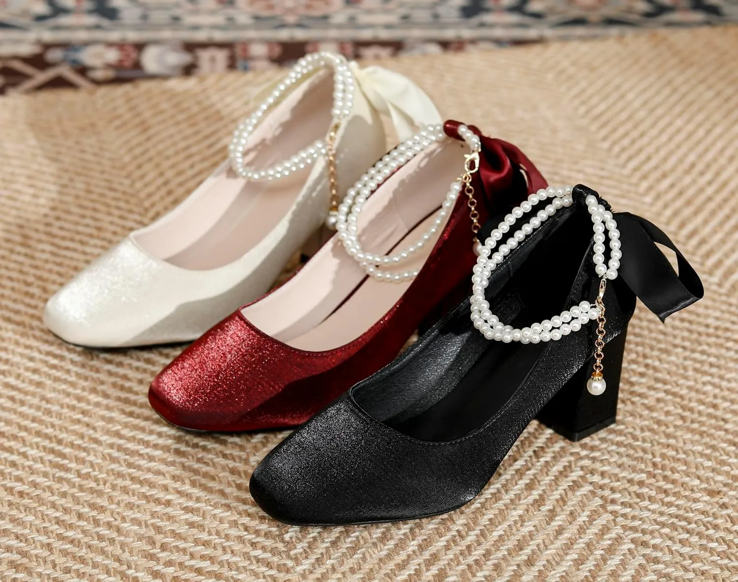 LizFoYa Women Satin Wedding Pumps Pearl Straps Formal Dress Shoes Evening Bridal Block Heels Ribbons