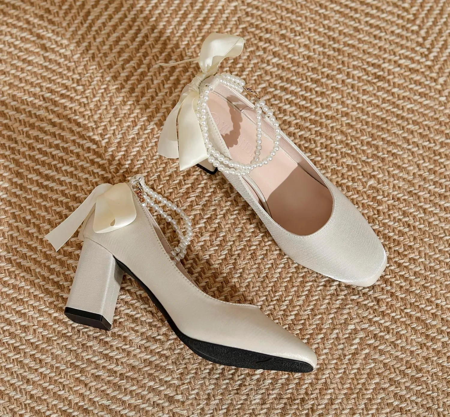 LizFoYa Women Satin Wedding Pumps Pearl Straps Formal Dress Shoes Evening Bridal Block Heels Ribbons