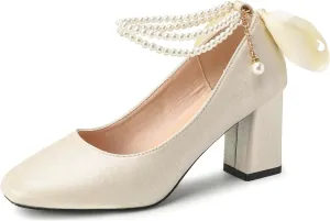 LizFoYa Women Satin Wedding Pumps Pearl Straps Formal Dress Shoes Evening Bridal Block Heels Ribbons