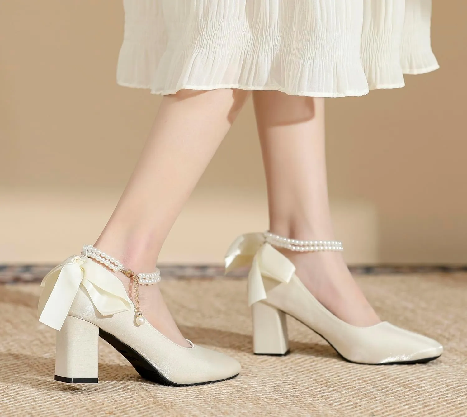LizFoYa Women Satin Wedding Pumps Pearl Straps Formal Dress Shoes Evening Bridal Block Heels Ribbons
