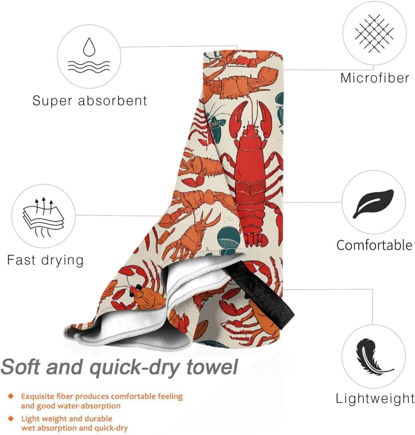 Lobster and Crab Premium Compact Microfiber Travel Towel-Featherlight & Quick Dry,Sand-Resistant Beach Towel for Swimming,Camping,Vacation Essentials with Carry Pouch