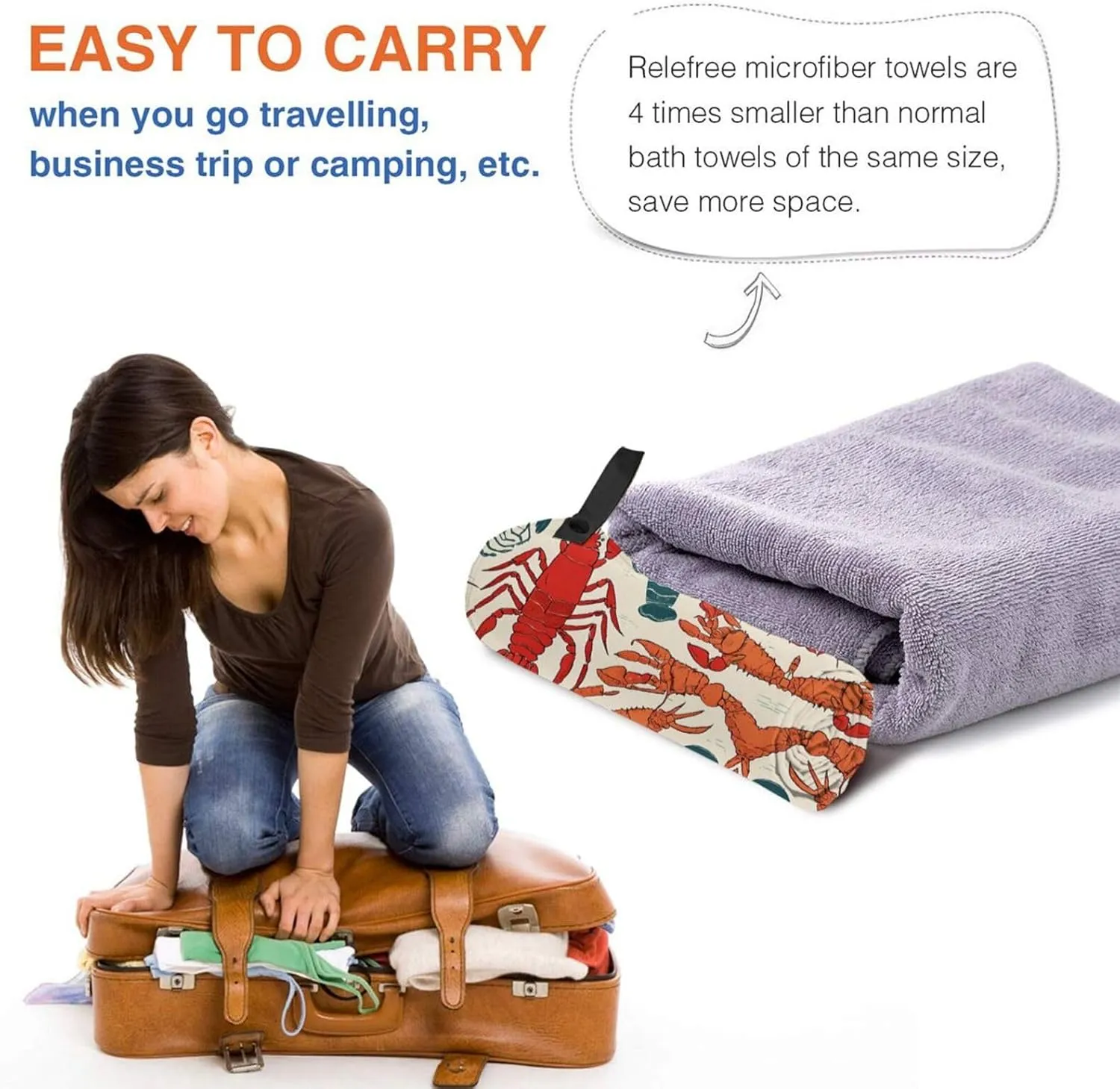 Lobster and Crab Premium Compact Microfiber Travel Towel-Featherlight & Quick Dry,Sand-Resistant Beach Towel for Swimming,Camping,Vacation Essentials with Carry Pouch