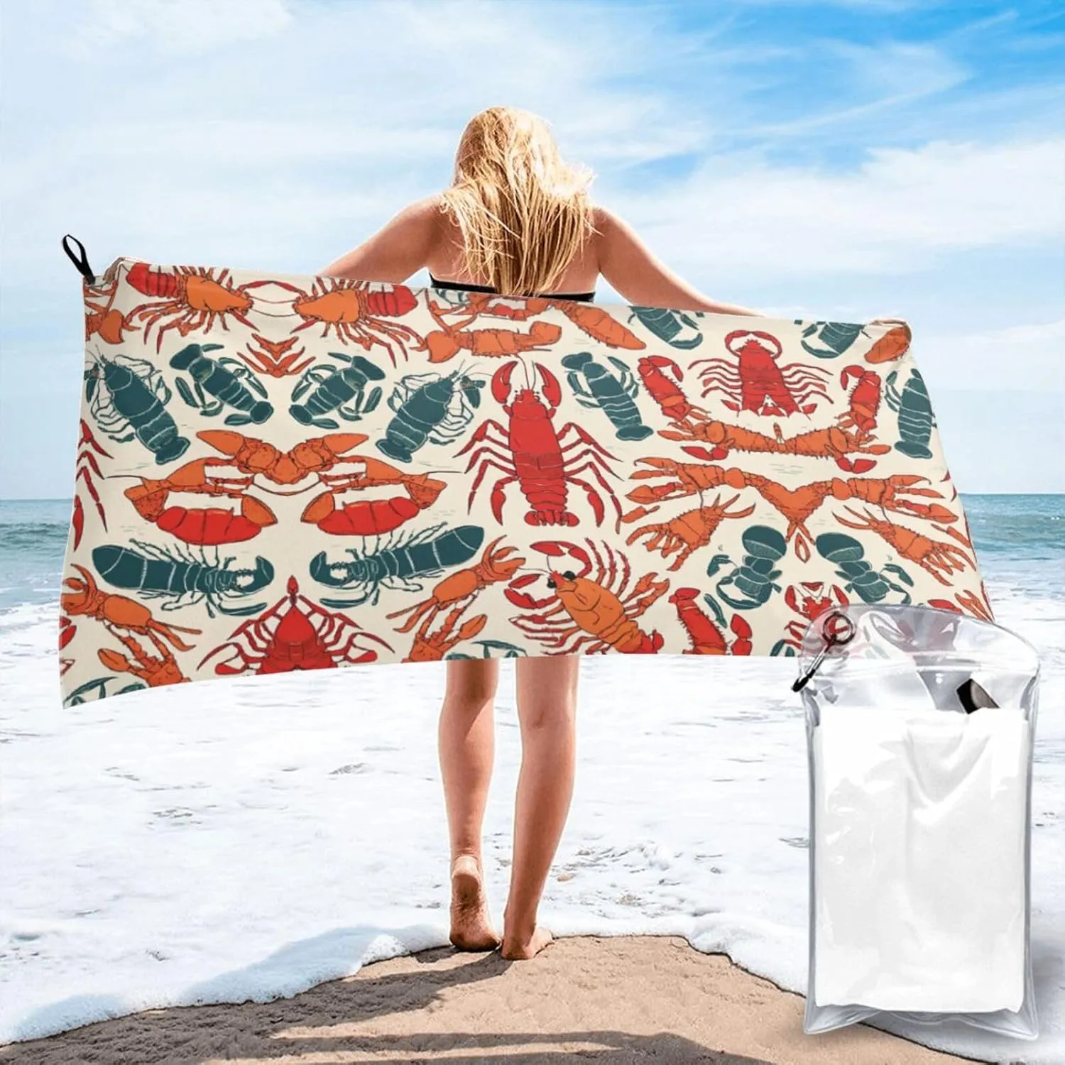 Lobster and Crab Premium Compact Microfiber Travel Towel-Featherlight & Quick Dry,Sand-Resistant Beach Towel for Swimming,Camping,Vacation Essentials with Carry Pouch