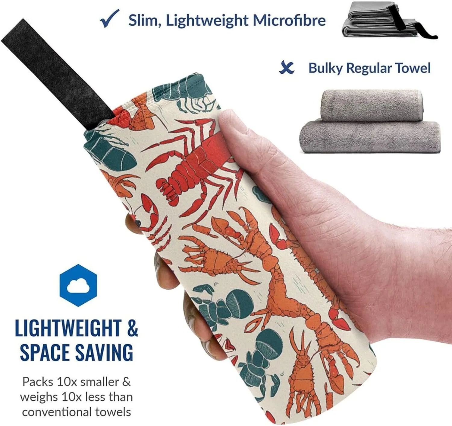 Lobster and Crab Premium Compact Microfiber Travel Towel-Featherlight & Quick Dry,Sand-Resistant Beach Towel for Swimming,Camping,Vacation Essentials with Carry Pouch