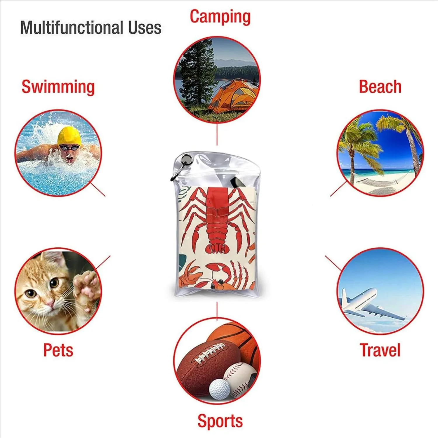 Lobster and Crab Premium Compact Microfiber Travel Towel-Featherlight & Quick Dry,Sand-Resistant Beach Towel for Swimming,Camping,Vacation Essentials with Carry Pouch