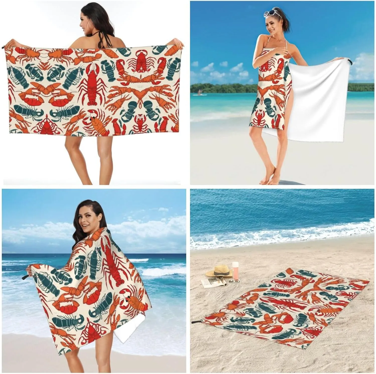 Lobster and Crab Premium Compact Microfiber Travel Towel-Featherlight & Quick Dry,Sand-Resistant Beach Towel for Swimming,Camping,Vacation Essentials with Carry Pouch