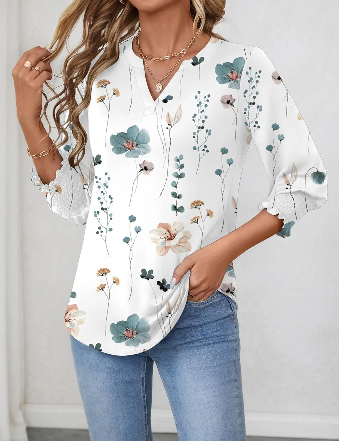 LOMON Women's 2025 Fashion Tops 3/4 Length Sleeve Business Casual Blouses Summer Tees Shirts